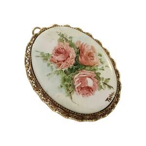Vintage Porcelain Hand Painted Floral Pendant Brooch, Artist Signed, 2" Long